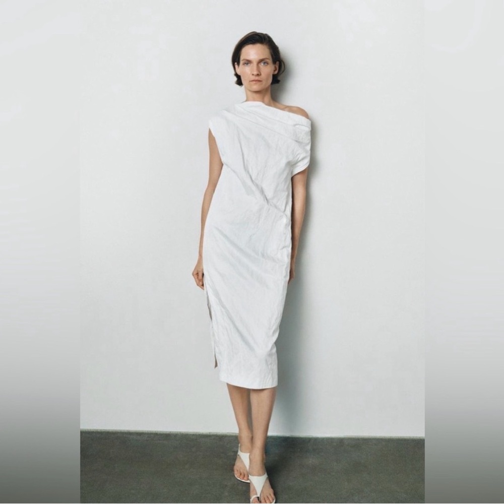 ZARA ZW Collection Asymmetric Crinkle Dress, White, XS - Picture 4 of 12